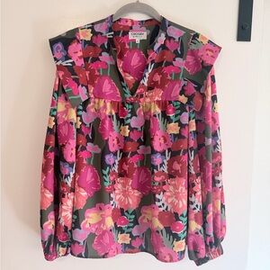 crosby. Multicolor Floral V-Neck Long-Sleeve Blouse in Pink and Green